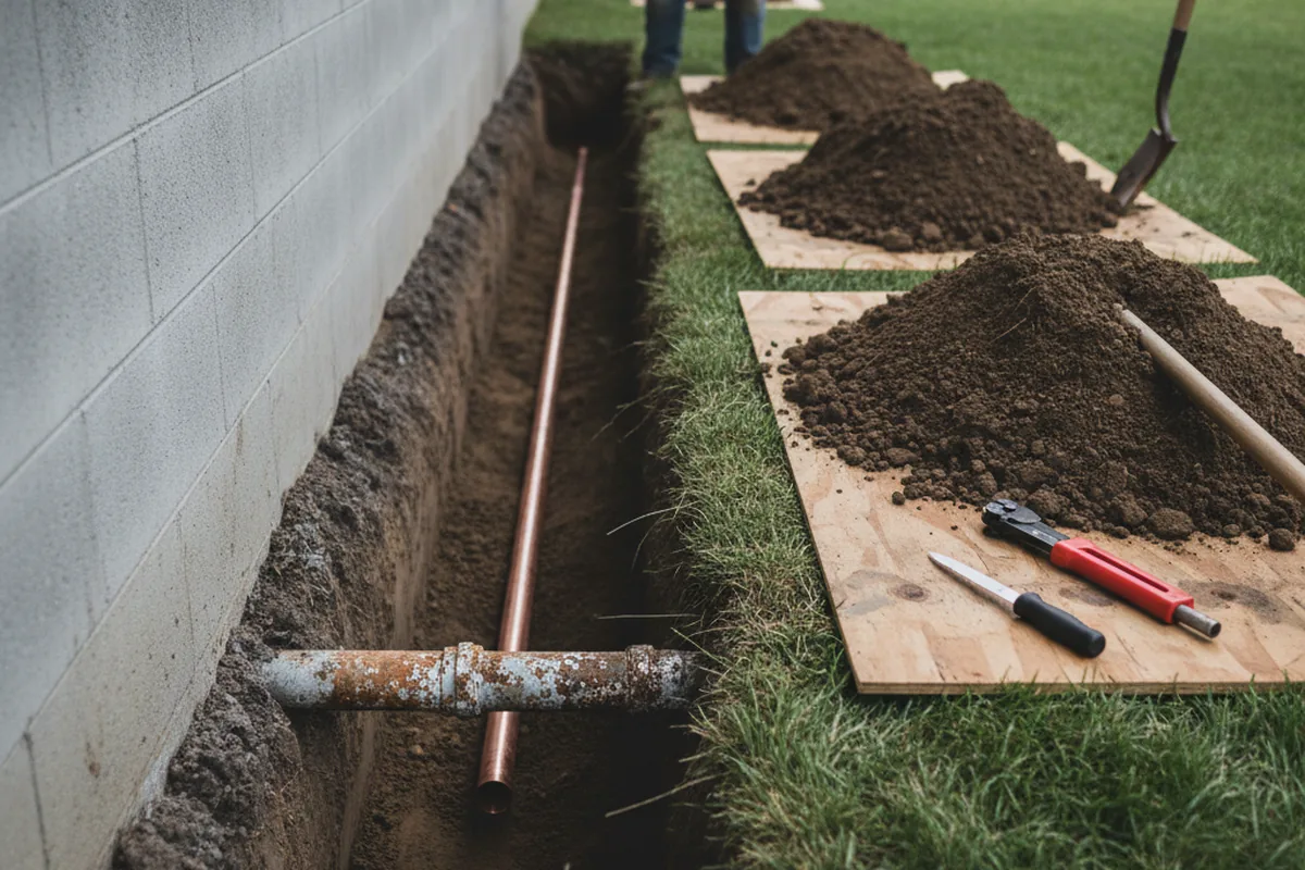 Excavated water line trench during Water Heater Repair in Kaaawa